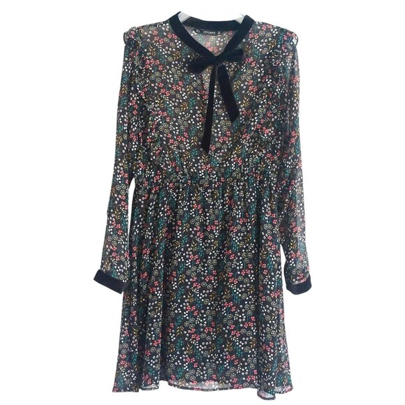 Zara Sheer Floral Mini Dress L Romantic Velvet Trim Goth Cottagecore Tie Neck - Picture 8 of 16